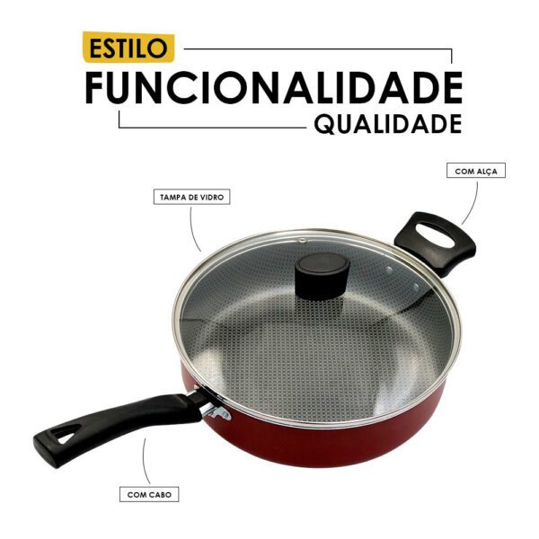 Frigideira Enjoy Reta 24cm Com Tampa de Vidro e Alça - Vermelha - Image 2