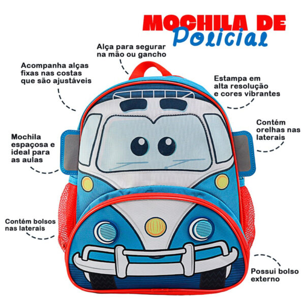 Mochila Infantil Com Alças - Fusca Policia - Image 3